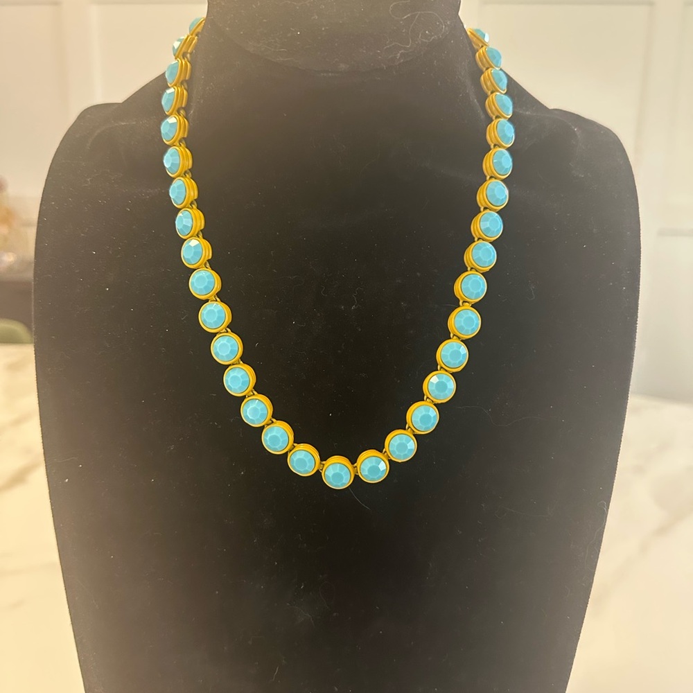 TOVA - Opaque Turquoise Crystal & Mustard Yellow Coated Enamel Necklace - Picture 7 of 15